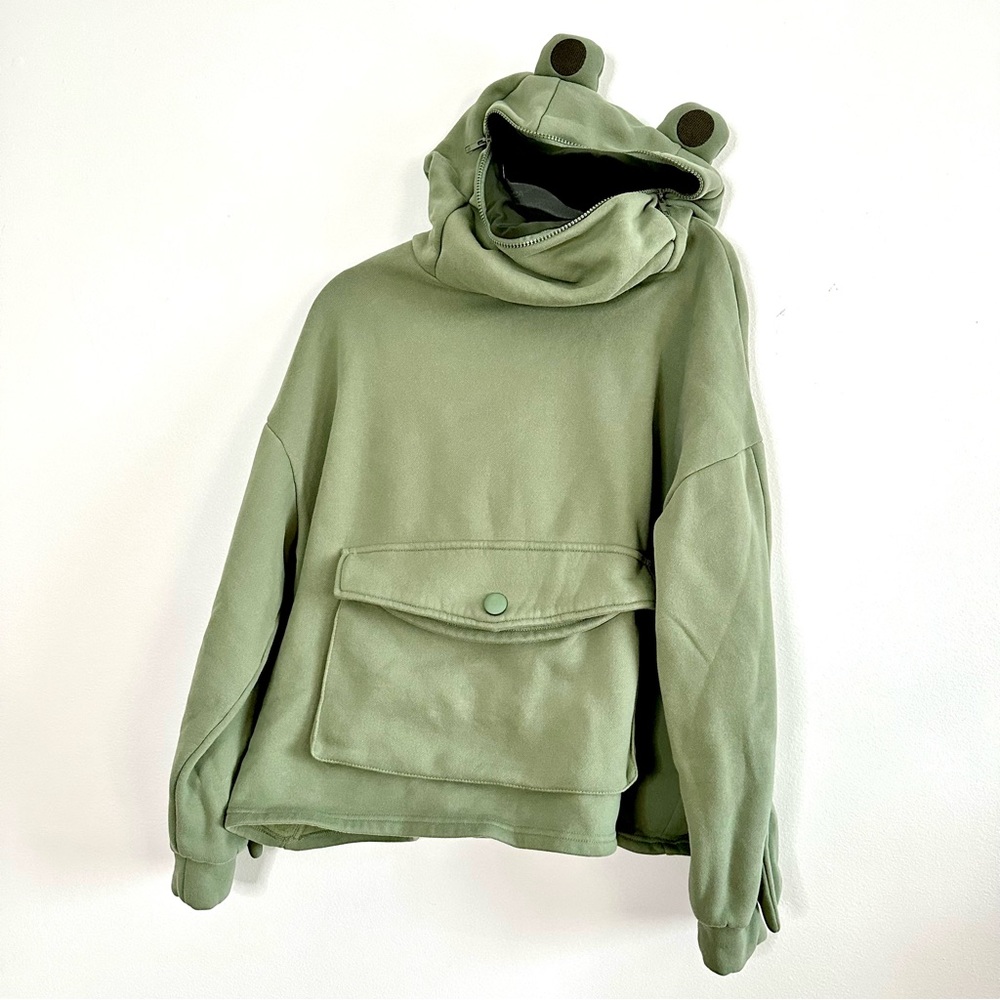 Modakawa Light Olive Green Frog Zipper Hood Oversized Hoodie Unisex